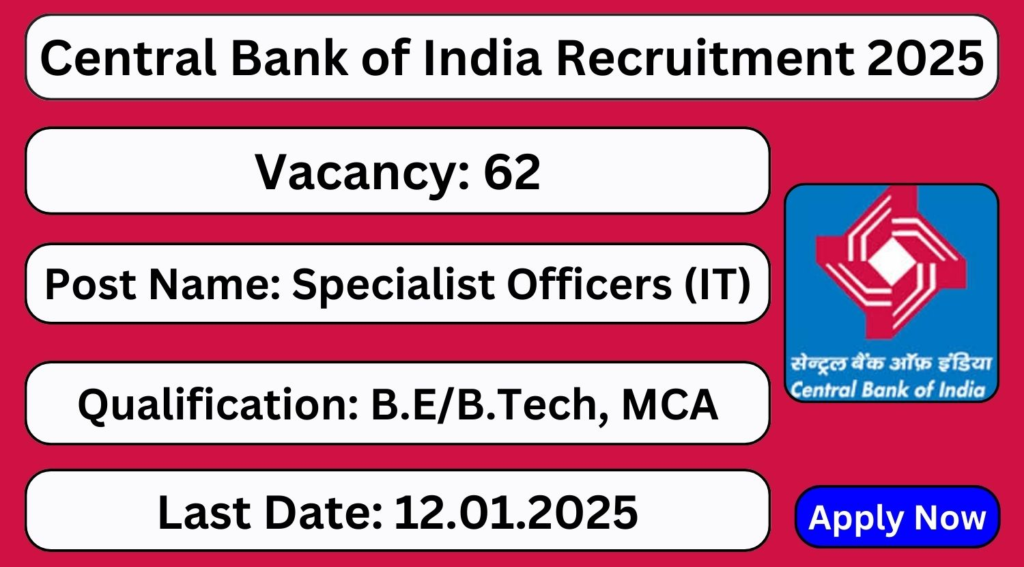 Central Bank of India recruitment 62 IT Specialist Officer  2024-25