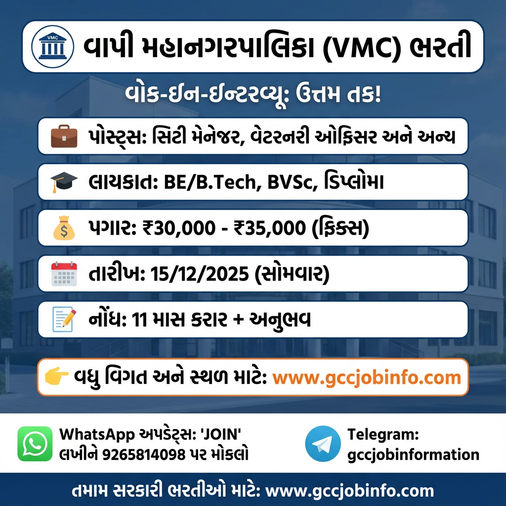 Vapi Municipal Corporation Recruitment 2025: Walk-in Interview for City Manager, Veterinary Officer & Other Posts 2 Vapi Municipal Corporation Recruitment 2025