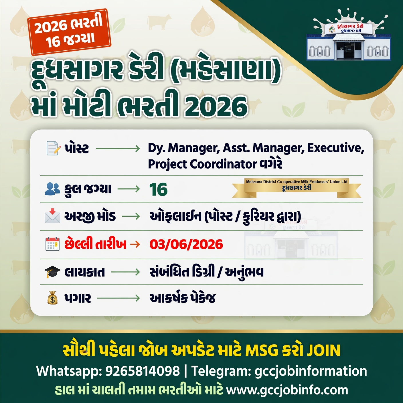 Dudhsagar Dairy Recruitment 2026
