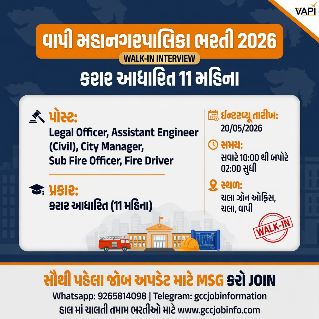 Vapi Mahanagarpalika Recruitment 2026: Walk-in Interview for Various Posts 2 Vapi Mahanagarpalika Recruitment 2026