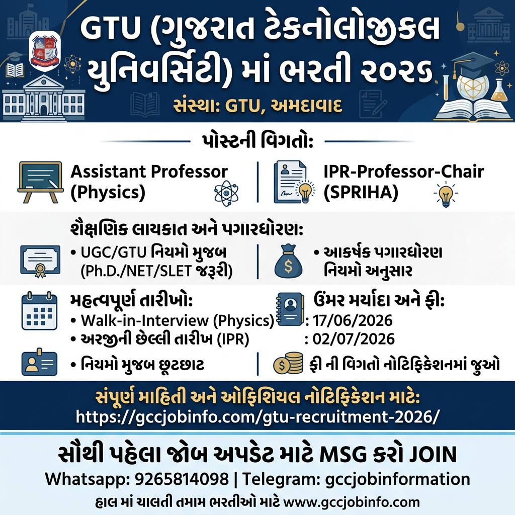 GTU Recruitment 2026: Apply Online for Assistant Professor & IPR-Professor-Chair Posts 2 GTU Recruitment 2026