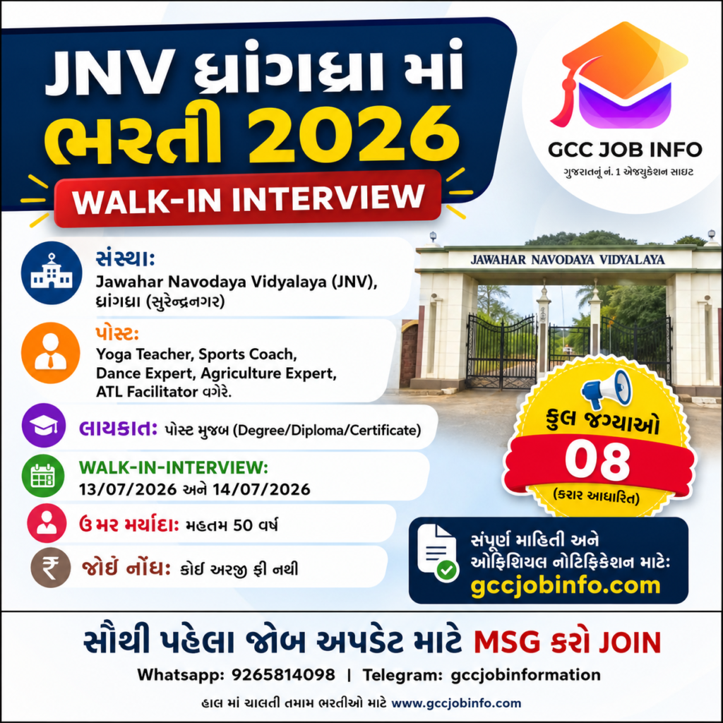 JNV Dhrangadhra Walk in Interview 2026: Apply for 8 Expert Posts with Salary up to 30000 – Complete Details 2 JNV Dhrangadhra Walk in Interview 2026
