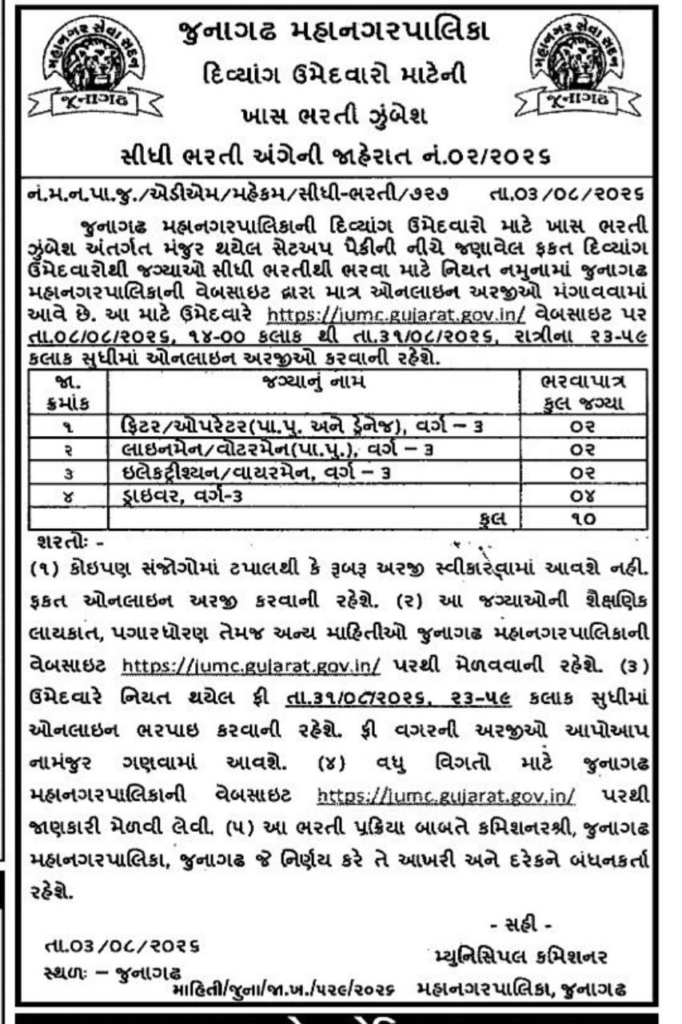 Junagadh Mahanagarpalika Recruitment 2026 for 10 Divyang Posts 3 Junagadh Mahanagarpalika Recruitment 2026