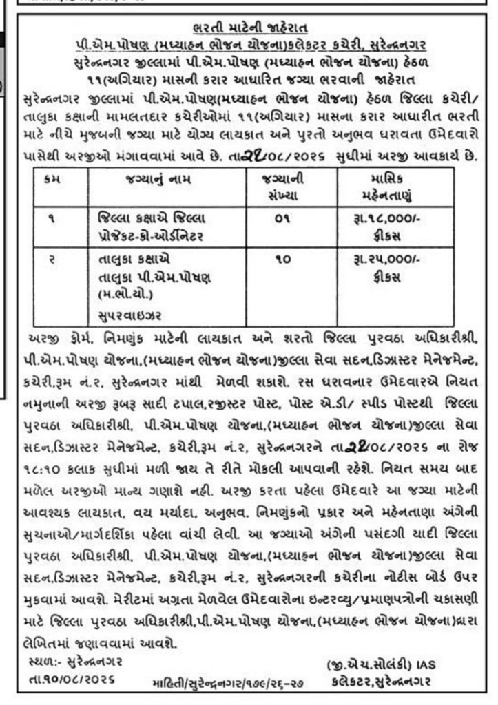 Surendranagar PM POSHAN Recruitment 2026 for 11 Posts 3 Surendranagar PM POSHAN Recruitment 2026