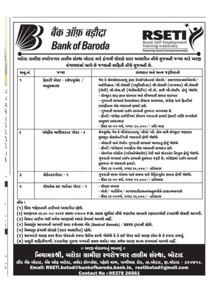 Bank of Baroda RSETI Botad Recruitment 2026: Apply for Various Posts 3 Bank of Baroda RSETI Botad Recruitment 2026