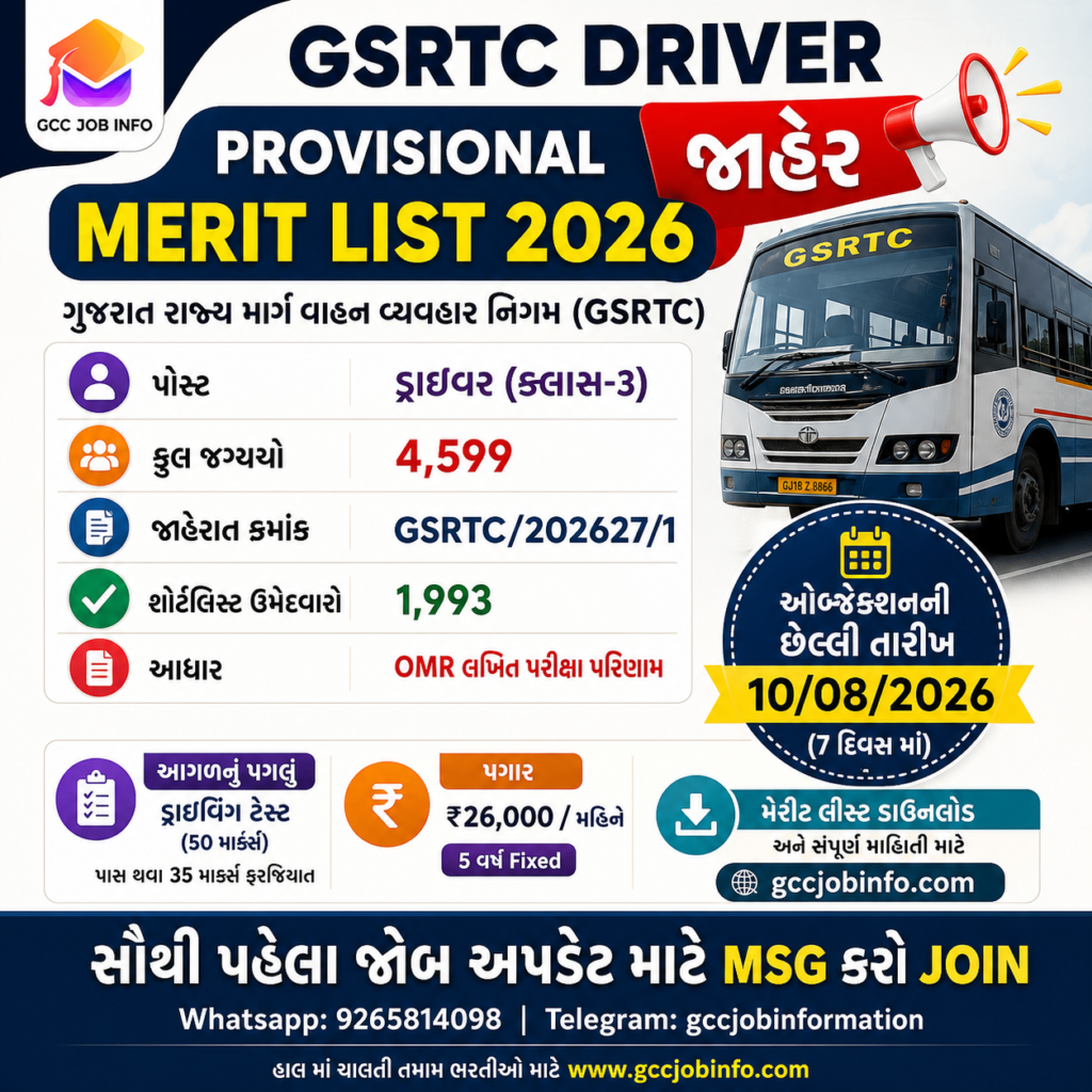 GSRTC Driver Merit List 2026: 1993 Candidates Shortlisted for Driving Test – Check Your Name Now 2 GSRTC Driver Merit List 2026
