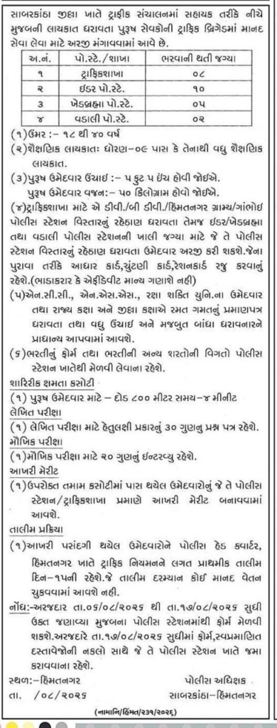 Sabarkantha Traffic Brigade Recruitment 2026 for 25 Posts 3 Sabarkantha Traffic Brigade Recruitment 2026