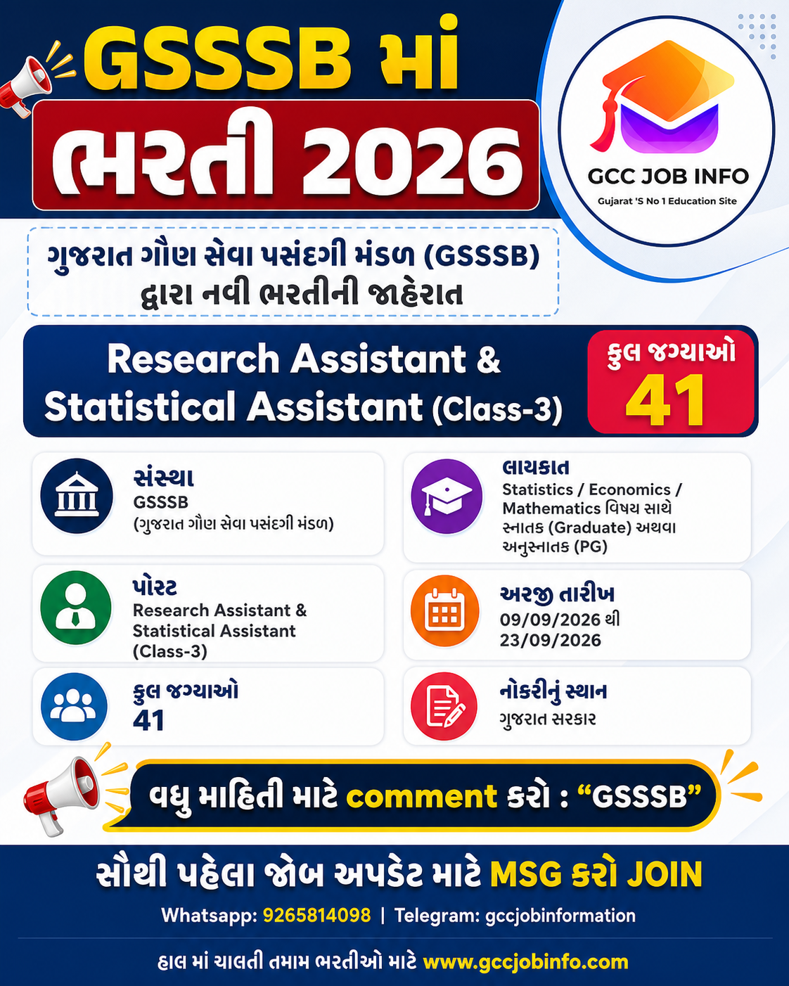 GSSSB Research Assistant Recruitment 2026, GSSSB Statistical Assistant recruitment 2026, GSSSB Research Assistant vacancy 2026, GSSSB 457 2026-27, GSSSB Class 3 recruitment 2026, OJAS GSSSB apply online, Directorate of Economics Statistics jobs