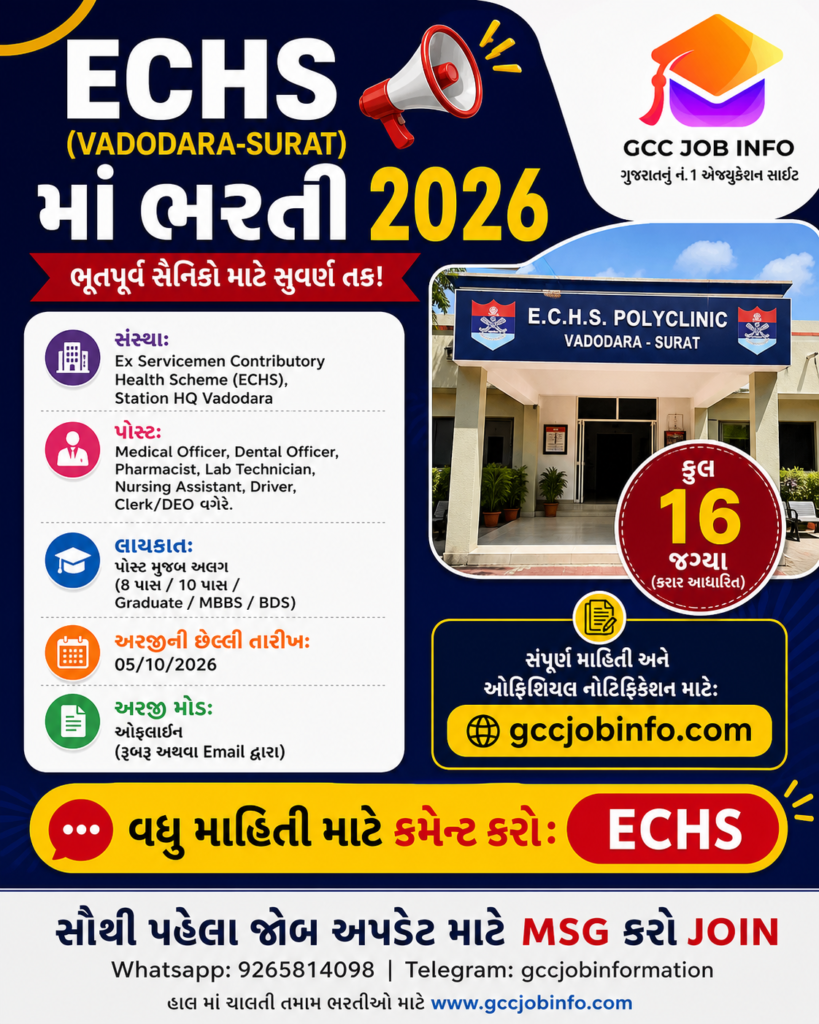 ECHS Polyclinics Vadodara Surat Recruitment 2026 Great Chance for 16 Staff Posts 2 ECHS Polyclinics Vadodara Surat Recruitment 2026 is out for 16 medical and non medical staff posts. Apply before 05 October 2026 with preference for Ex Servicemen.