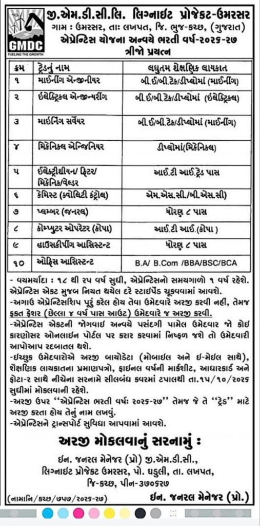 GMDC Umarsar Apprentice Recruitment 2026 A Great Chance for Various Trades 3 GMDC Umarsar Apprentice Recruitment 2026, GMDC apprentice trades, GMDC Lignite Project Kutch, ITI diploma apprentice Gujarat, NATS apprenticeship, GMDC Kutch jobs, Sarkari Naukri Gujarat