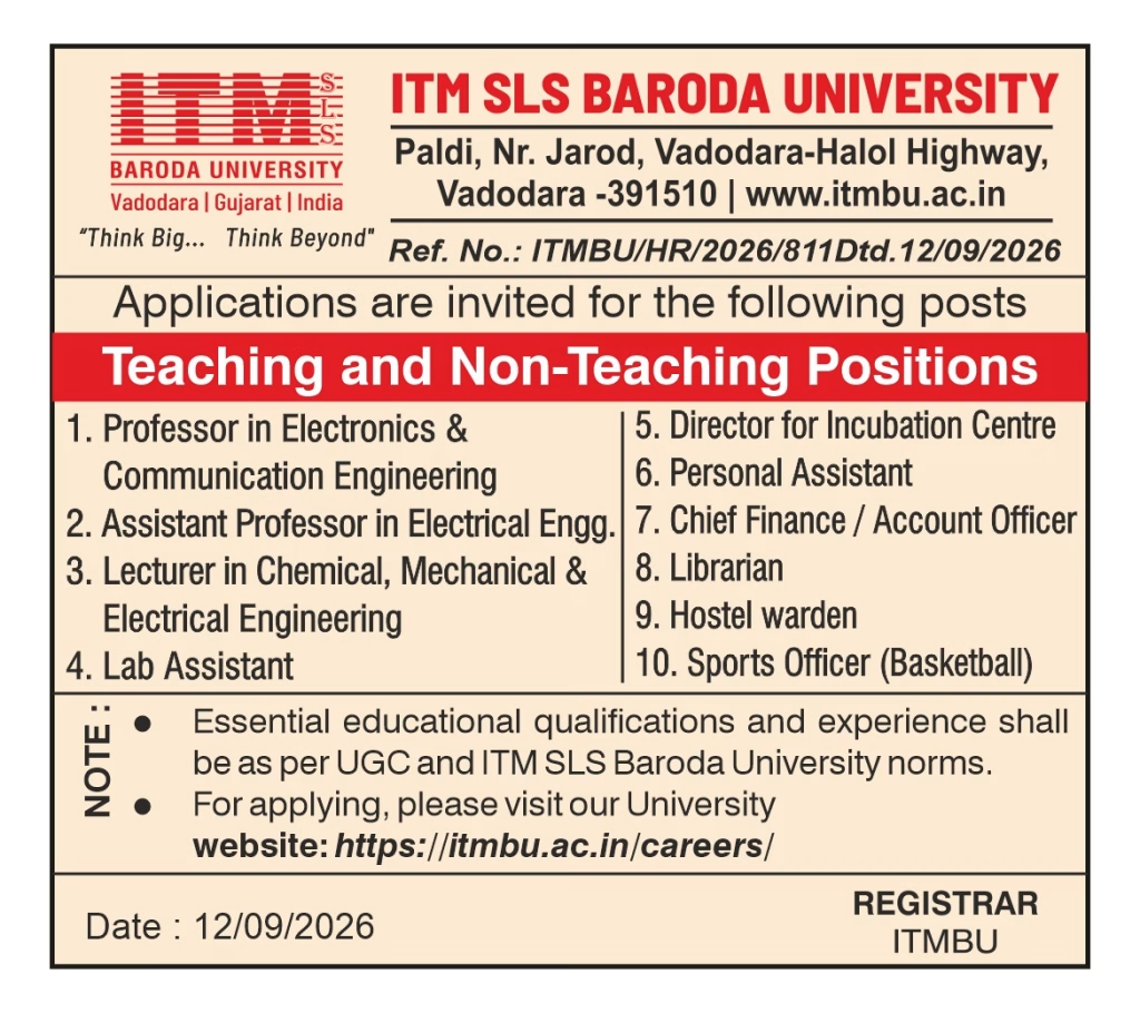 ITM SLS Baroda University Recruitment 2026, ITM Baroda University careers, Professor Lecturer jobs Vadodara, Librarian Hostel Warden jobs, private university jobs Gujarat, Vadodara teaching jobs 2026, Sarkari Naukri Gujarat