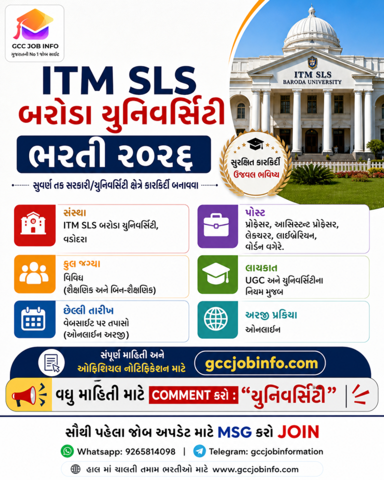 ITM SLS Baroda University Recruitment 2026, ITM Baroda University careers, Professor Lecturer jobs Vadodara, Librarian Hostel Warden jobs, private university jobs Gujarat, Vadodara teaching jobs 2026, Sarkari Naukri Gujarat