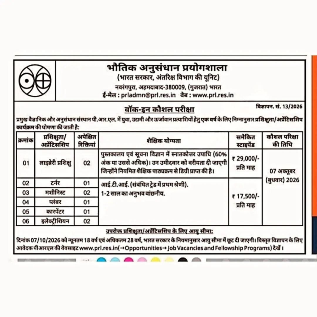 PRL Ahmedabad Apprentice Recruitment 2026