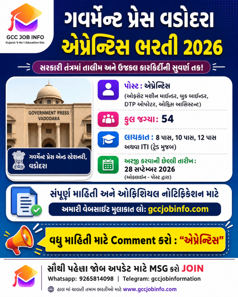 Government Press Vadodara Apprenticeship Recruitment 2026