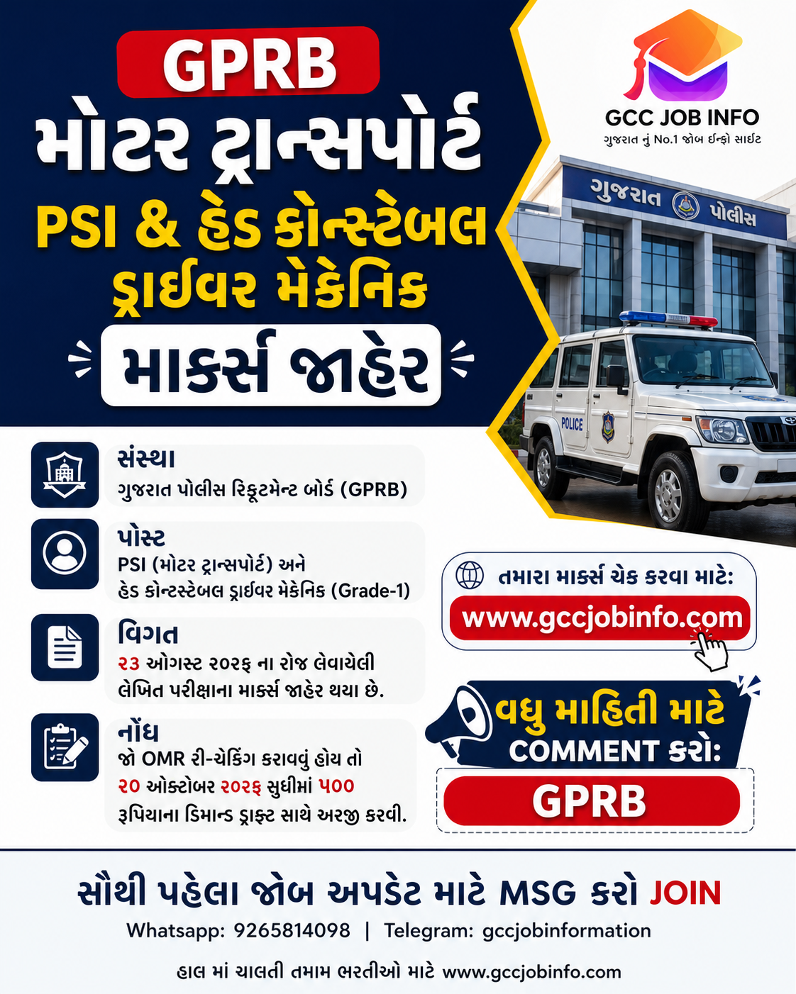 GPRB Motor Transport PSI Marks 2026, GPRB HCDM Grade-1 Marks, Gujarat Police Recruitment Board, OMR Rechecking, Police SI Motor Transport, GPRB Result 2026