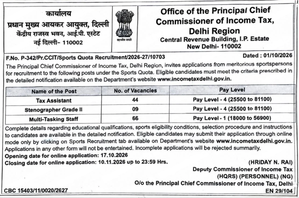 Income Tax Delhi Sports Quota Recruitment 2026 for 119 Tax Assistant Stenographer and MTS Posts 3 Income Tax Delhi Sports Quota Recruitment 2026