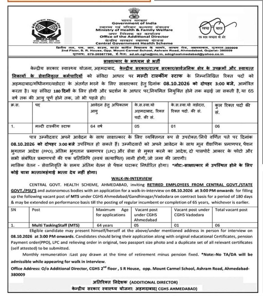 CGHS Ahmedabad MTS Walk in Interview 2026