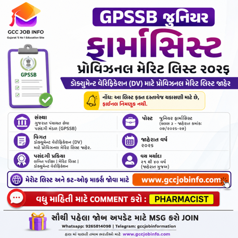 GPSSB Junior Pharmacist Merit List 2026 is released on 09/10/2026 for Advt 07/2026-27 with category wise provisional cutoff marks and DV list. Check list, instructions and next steps at gpssb.gujarat.gov.in.